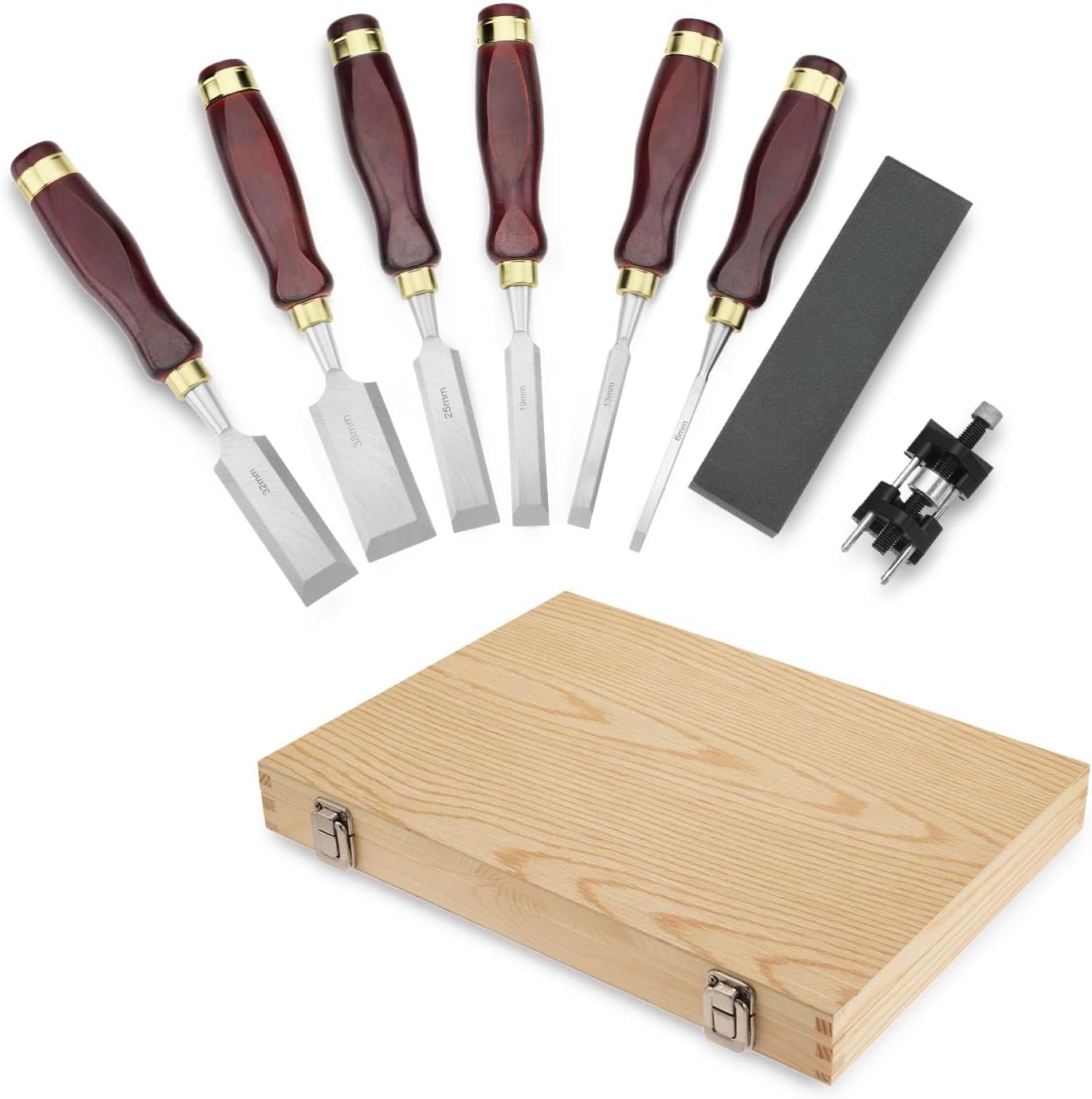 6-Piece Wood Carving Chisel Set with Whetstone & Sharpening Jig, CR-V 60 Blades